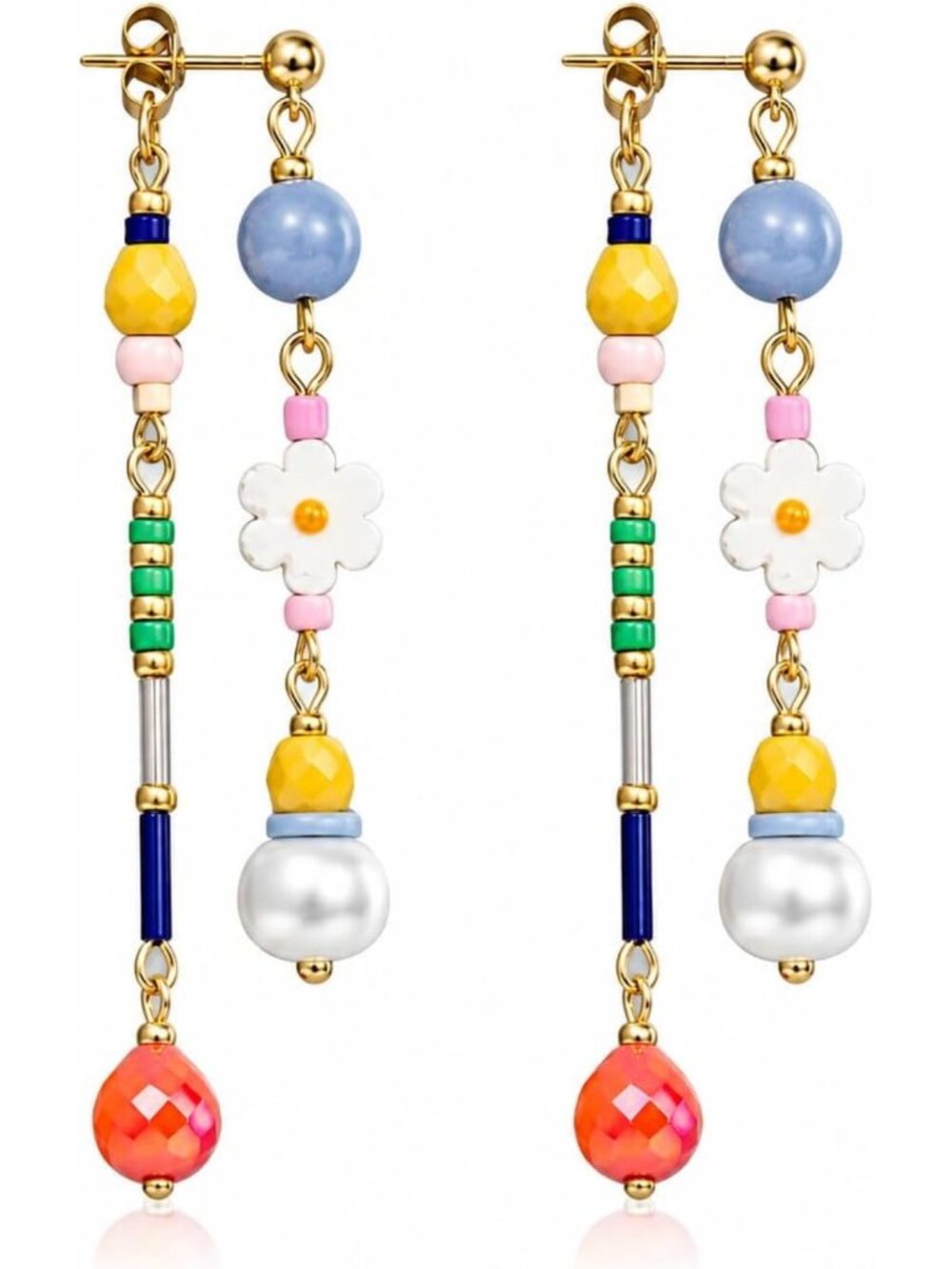 Colorful Beaded Drop Earrings - Asymmetrical Dangle Floral Pearl Jewelry Gift